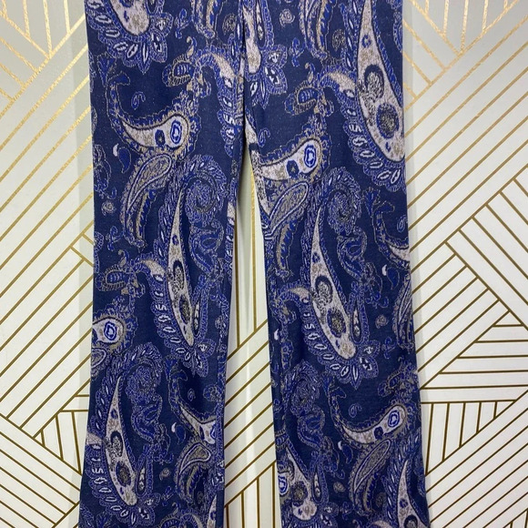 Anthropologie Maeve Maria Pant Trouser Flared Paisley Print Metallic Blue Size 0 - Picture 4 of 12